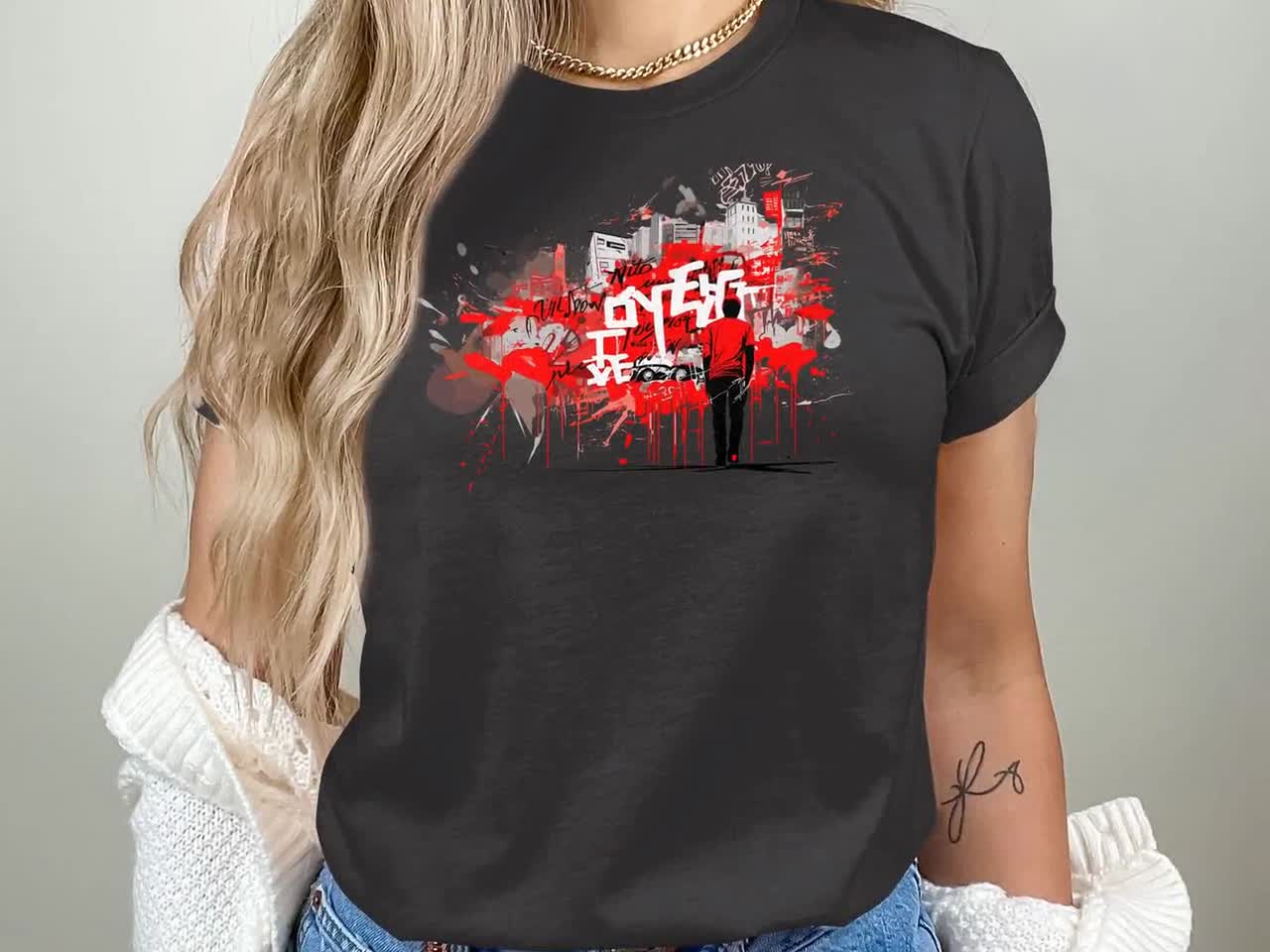 Urban Street Art T-shirt, Red and White Graffiti Design Tee